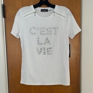 Karl Lagerfeld Iconic White 'C'est La Vie' Short Sleeve Tee With Zip Shoulders